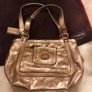 Rare Coach Metallic Gold Signature Embossed Leather Turnlock Satchel Tote